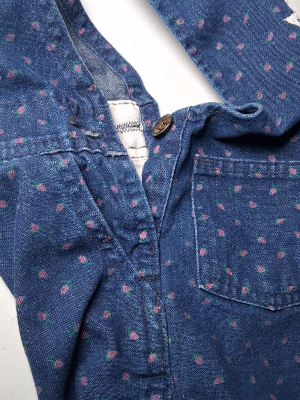 Vintage Osh Kosh B Gosh Overalls Girls 12 MOS Pink Floral Blue Denim Vestbak - Picture 16 of 16